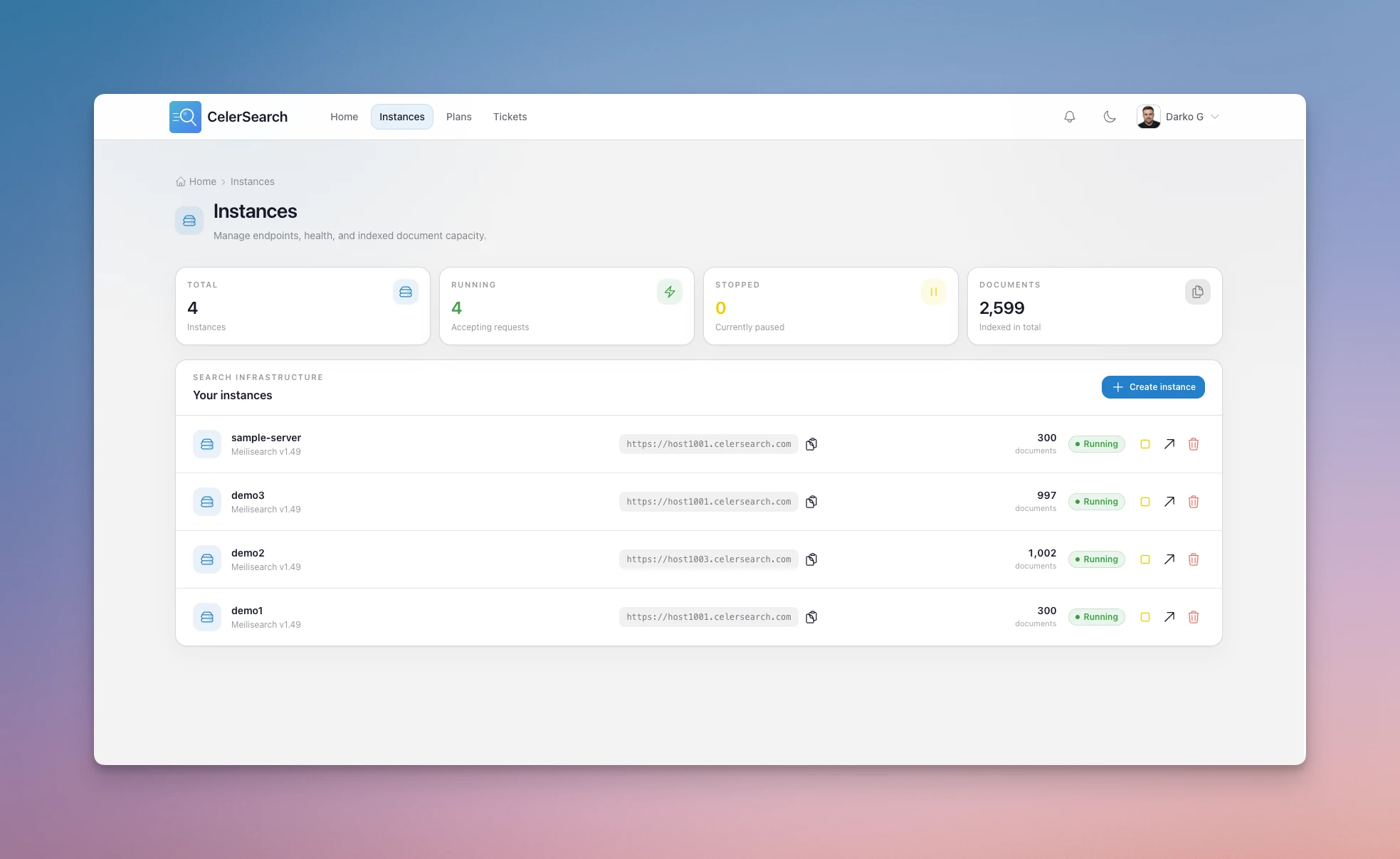 celersearch dashboard showing managed search instances, status, endpoints, and indexed document counts.