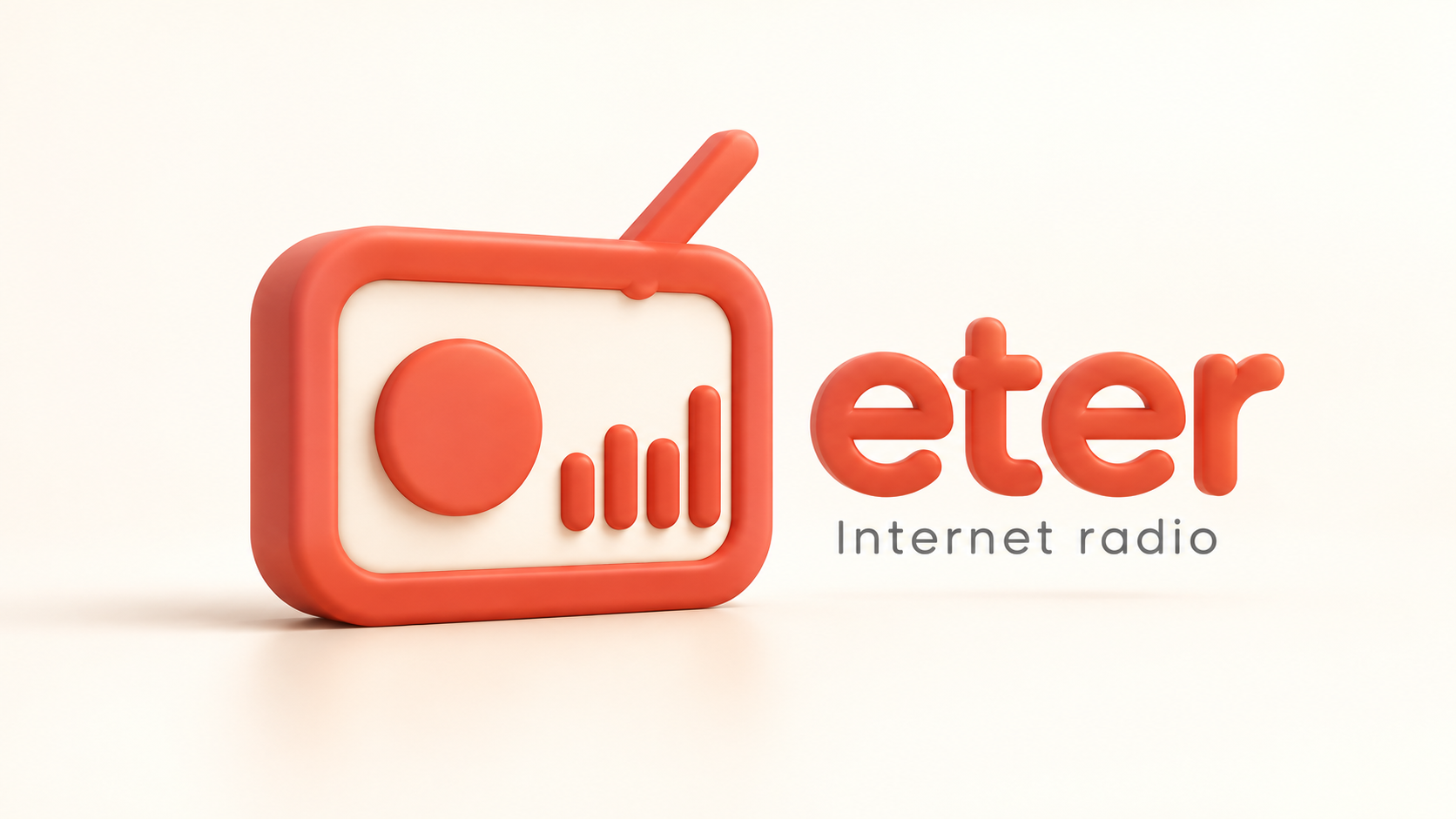 Coral 3D rendering of the eter radio icon with a circular speaker, four equalizer bars, and angled antenna on a warm ivory background.