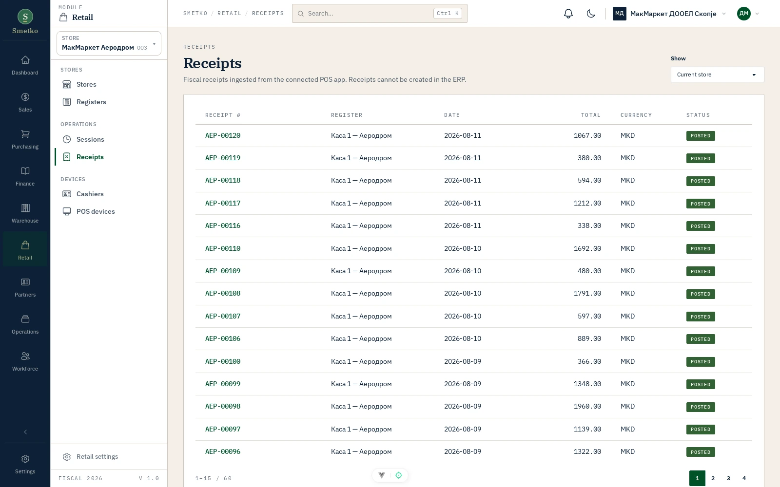 Smetko retail receipts view in a public demo workspace.